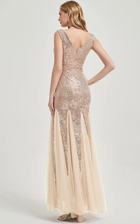 Burgundy Sequin Sheath Pleated Sleeveless Party Floor-length Round V Neck Prom Dress/Dress For Formal