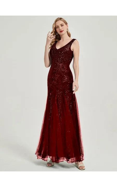Burgundy Sequin Sheath Pleated Sleeveless Party Floor-length Round V Neck Prom Dress/Dress For Formal