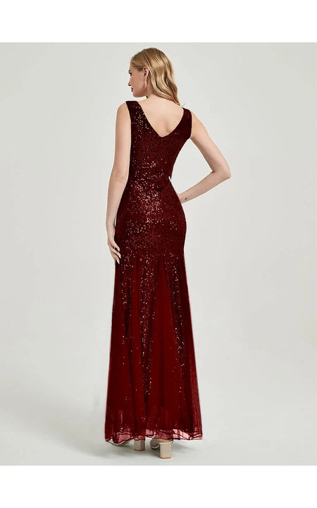 Burgundy Sequin Sheath Pleated Sleeveless Party Floor-length Round V Neck Prom Dress/Dress For Formal