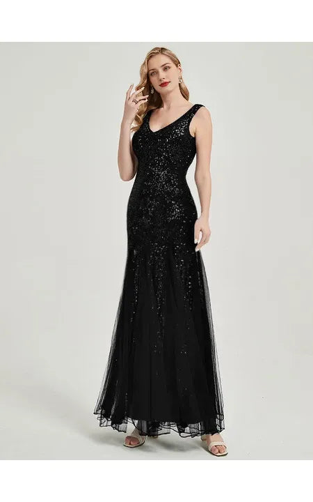 Burgundy Sequin Sheath Pleated Sleeveless Party Floor-length Round V Neck Prom Dress/Dress For Formal