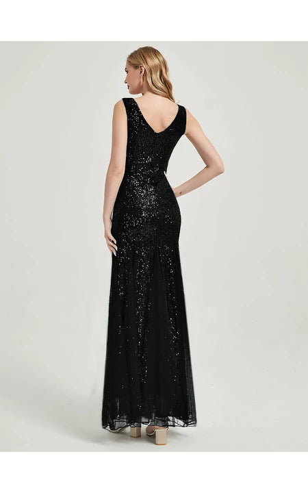 Burgundy Sequin Sheath Pleated Sleeveless Party Floor-length Round V Neck Prom Dress/Dress For Formal