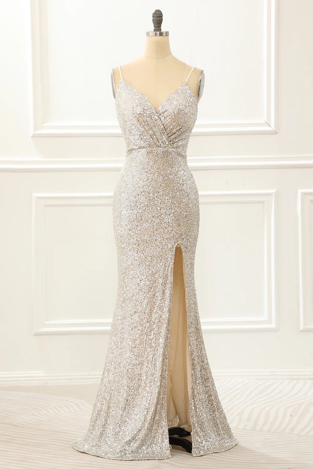 Mermaid Sequin Champagne Prom Dress With Slit