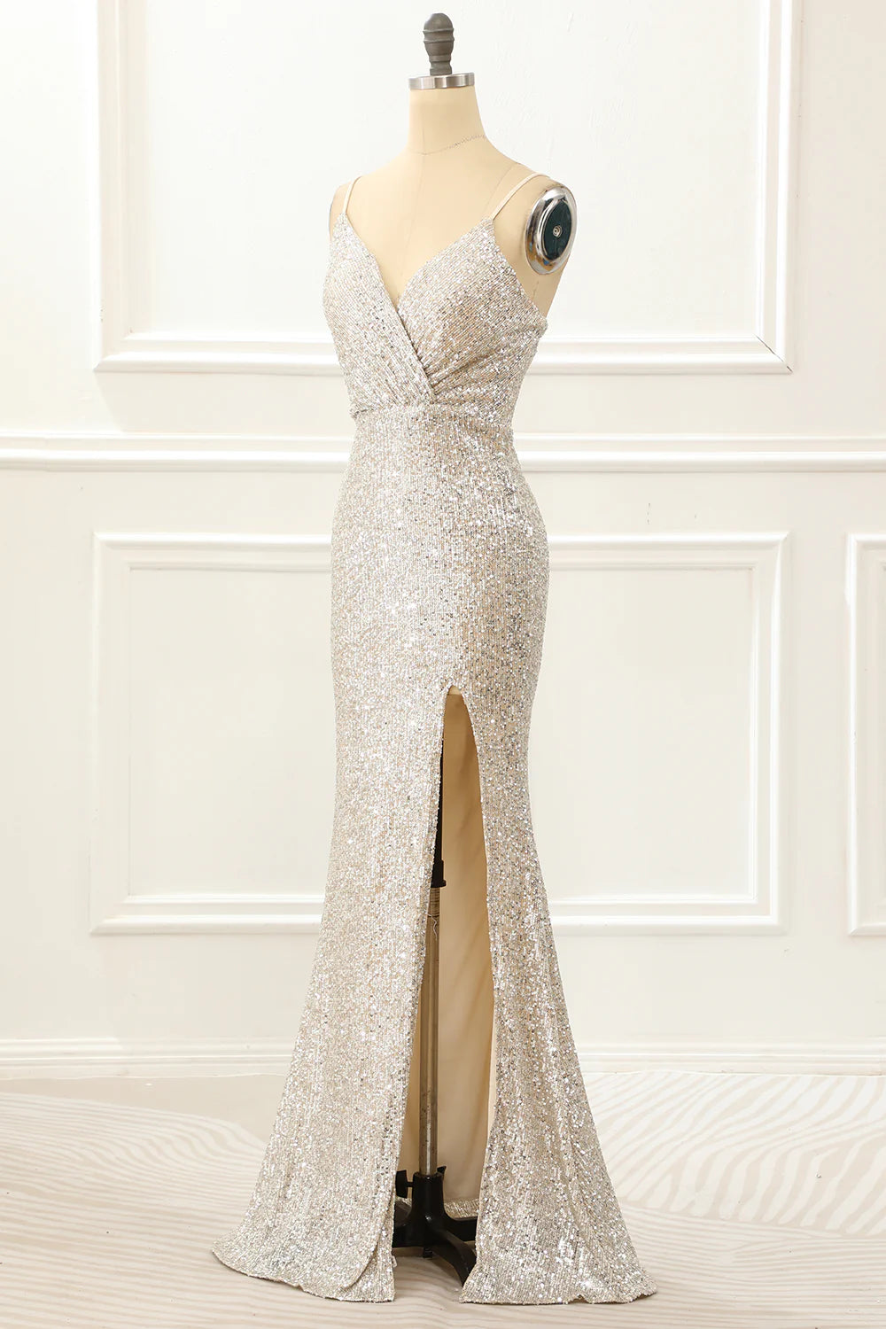 Mermaid Sequin Champagne Prom Dress With Slit
