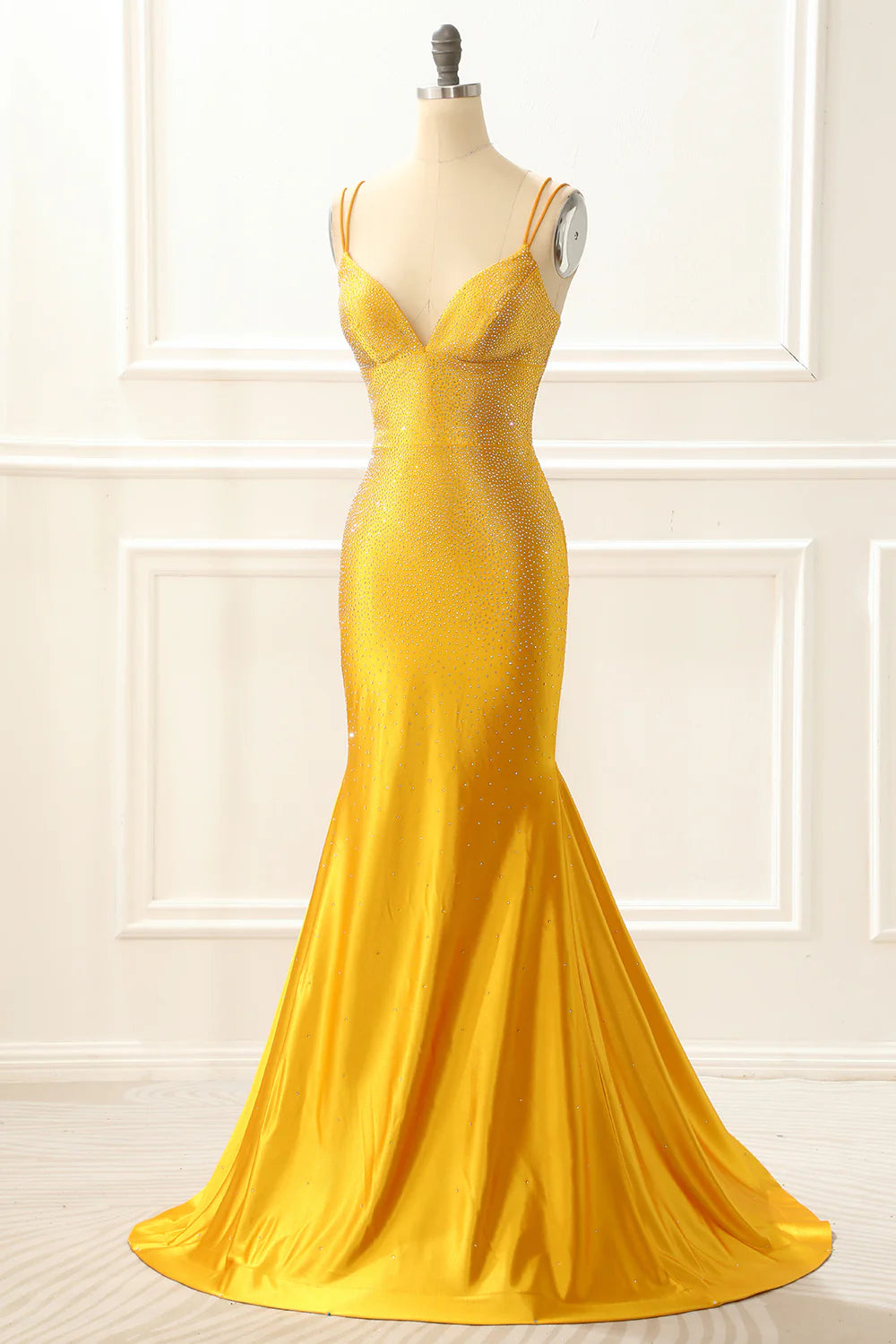 Satin Mermaid Glitter Yellow Prom Dress With Beading