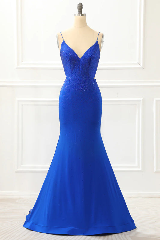 Royal Blue Satin Glitter Mermaid Prom Dress With Beading