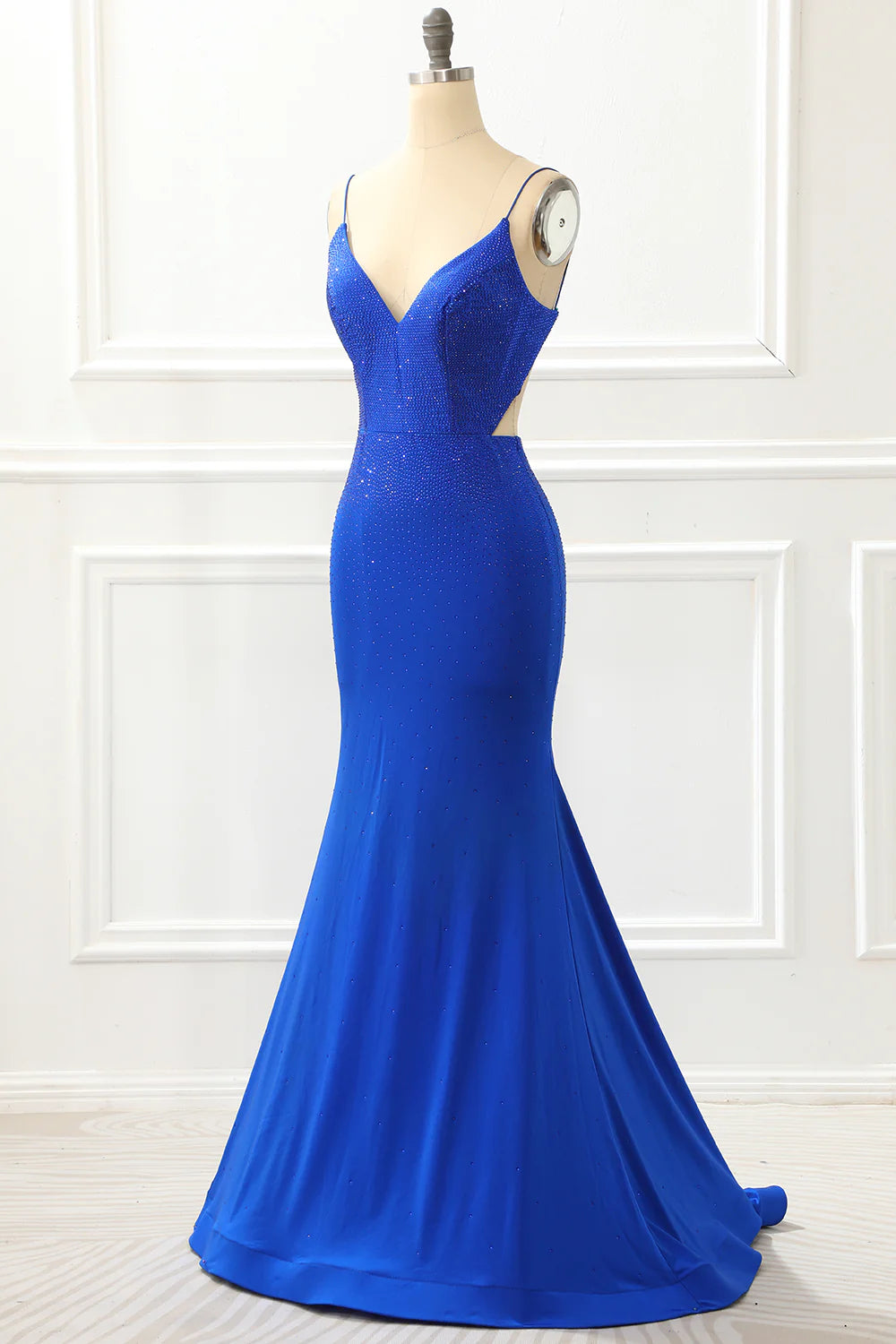 Royal Blue Satin Glitter Mermaid Prom Dress With Beading