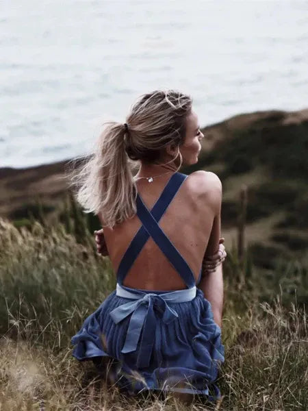 Carefree A-Line Deep V Neck Crisscross Dark Blue Mini Homecoming Dress