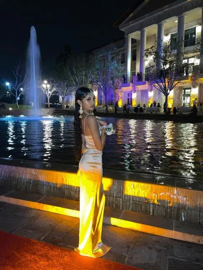 Cheap Sheath Spaghetti Straps Sleeveless Slit Satin Floor-Length Prom Dress