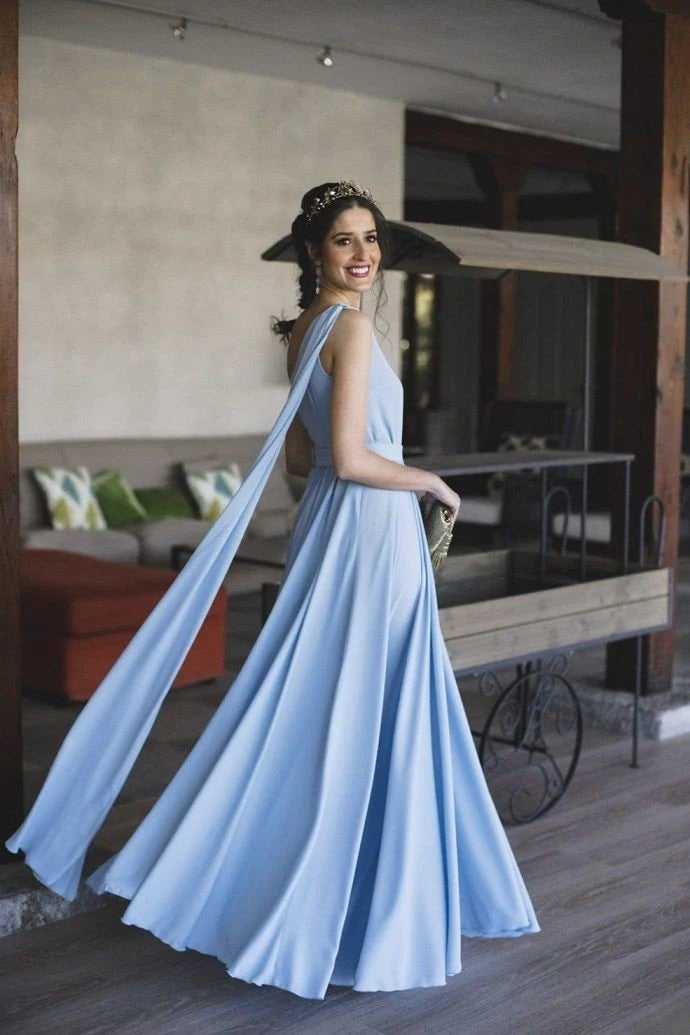 Chic A-Line One Shoulder Sleeveless Backless Floor-Length Prom Dress
