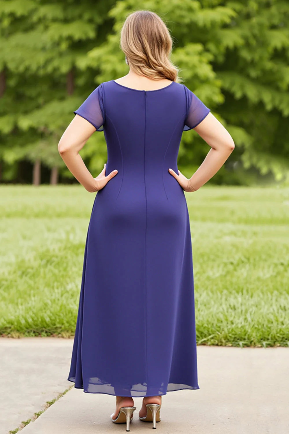 Chic A-Line Scoop Neck Flutter Sleeve Zipper Up Ankle-Length Plus Size Mother of the Bride Dress