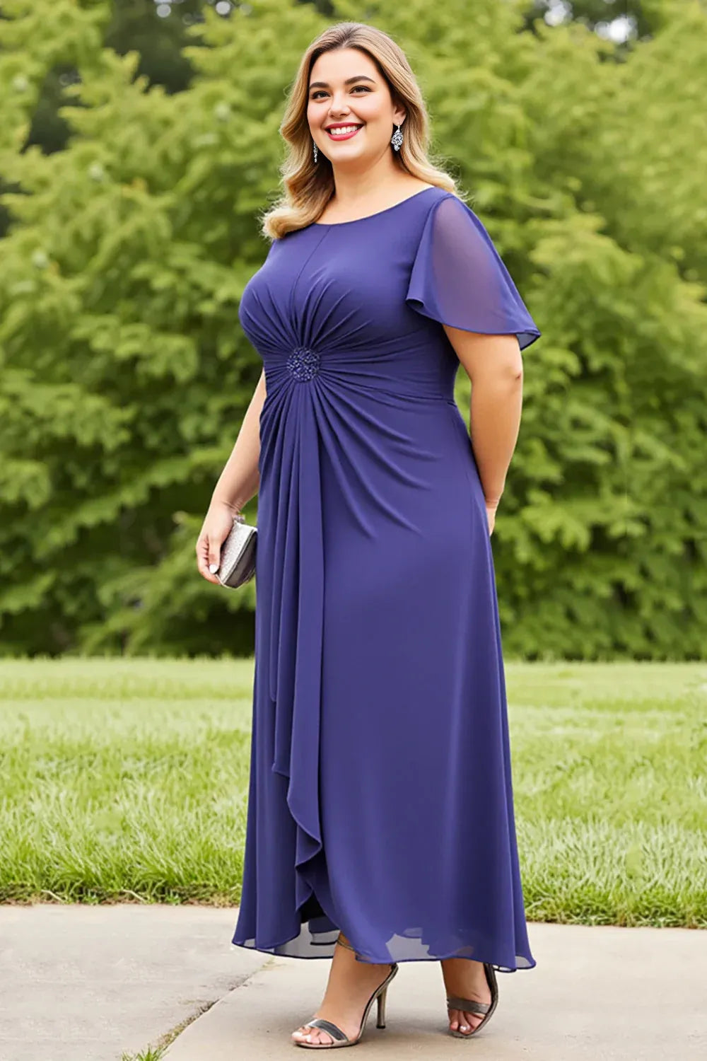Chic A-Line Scoop Neck Flutter Sleeve Zipper Up Ankle-Length Plus Size Mother of the Bride Dress