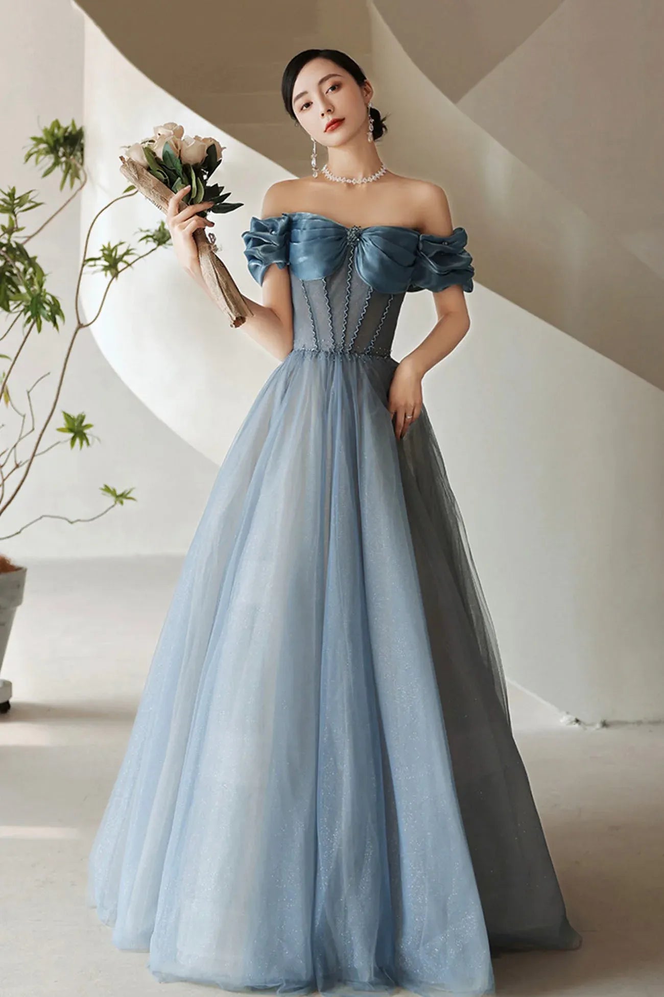 Cute A-Line Off the Shoulder Sleeveless Lace Up Floor-Length Prom Dress