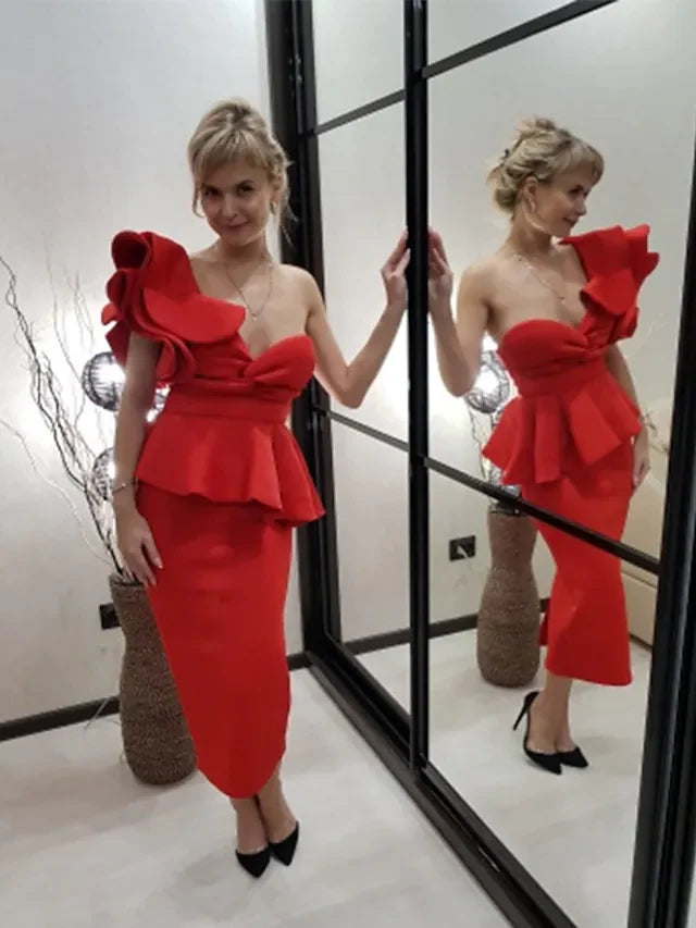 Cocktail Party Dress One Shoulder Sleeveless Tea Length Spandex with Ruffles