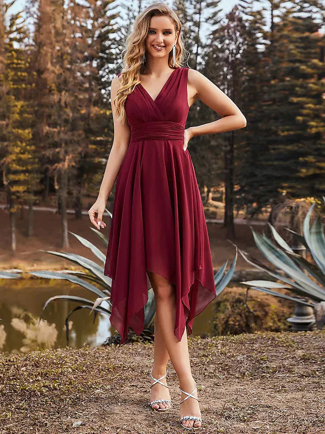 A-Line V Neck Asymmetrical Chiffon Bridesmaid Dress