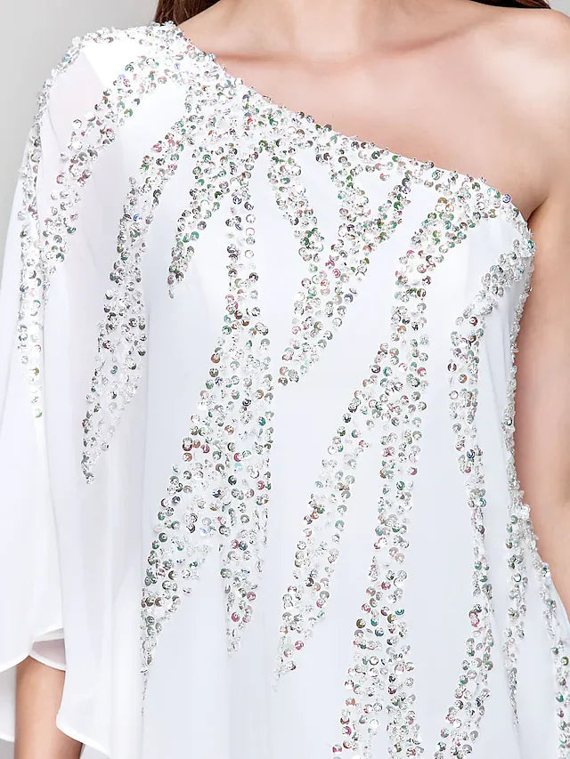 Cocktail Party Dress One Shoulder Sleeveless Knee Length Chiffon with Sequin