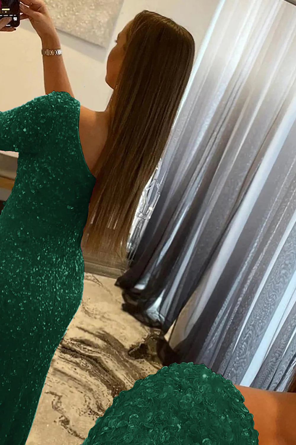 Mermaid Glitter One-Shoulder Single Sleeve Prom Dress With Sequins