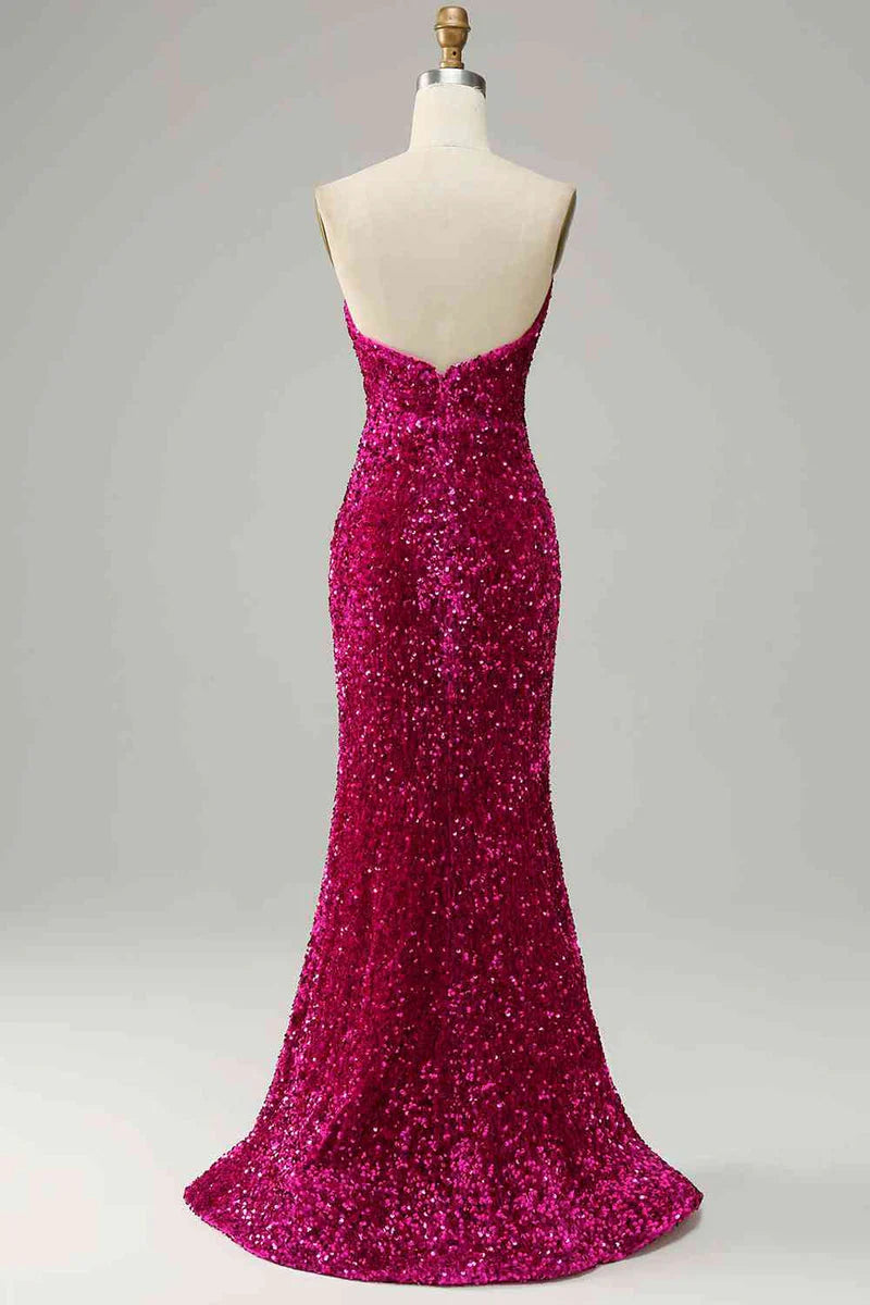 Deep V Neck Sequins Magenta Prom Evening Dresses Off-the-Shoulder Strapless with Slit