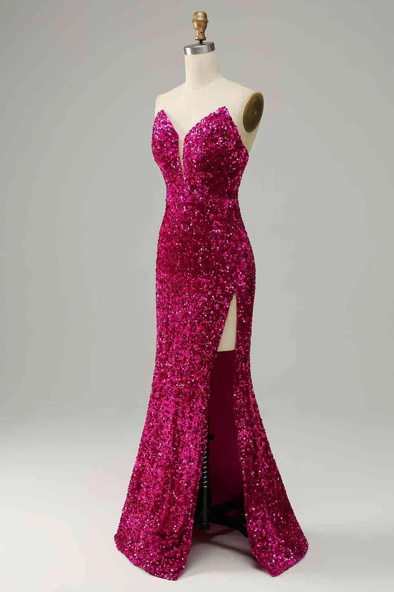 Deep V Neck Sequins Magenta Prom Evening Dresses Off-the-Shoulder Strapless with Slit