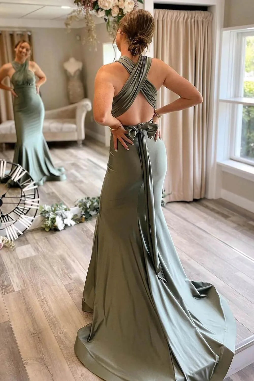 Deep V Neck Simple Gray Green Mermaid Satin Bridesmaid Dresses With Train