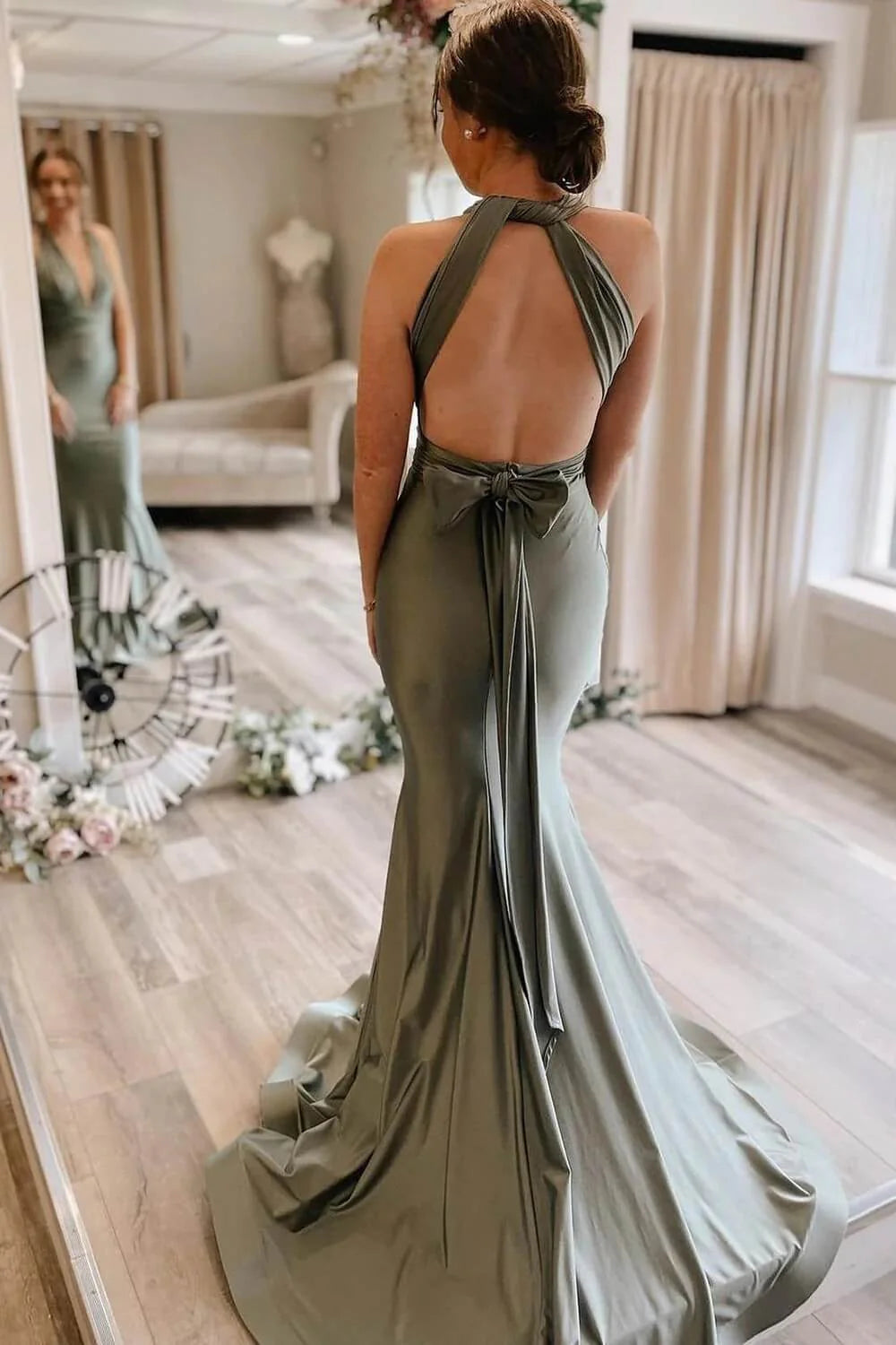 Deep V Neck Simple Gray Green Mermaid Satin Bridesmaid Dresses With Train