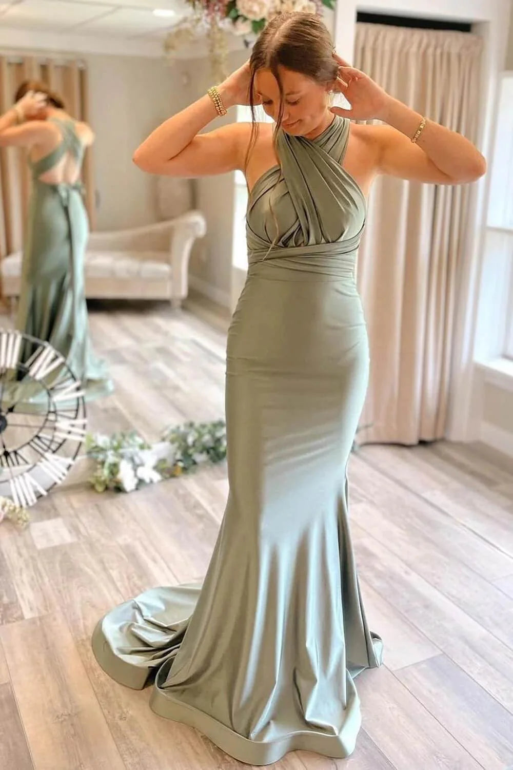 Deep V Neck Simple Gray Green Mermaid Satin Bridesmaid Dresses With Train