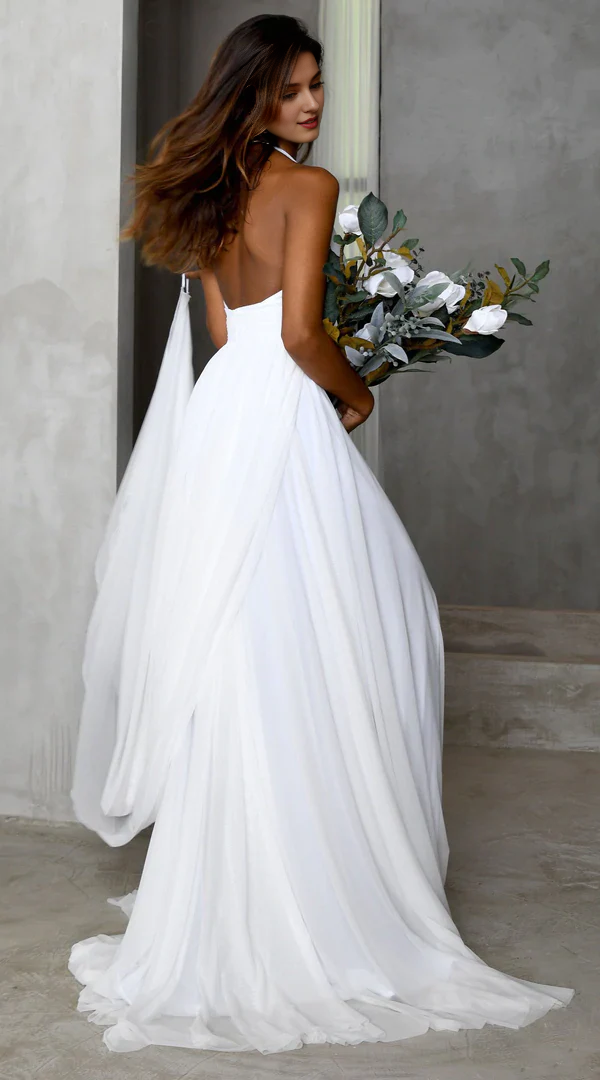 Deep V Neck Simple Long Chiffon White Beach Minimalist Evening Wedding Dresses With Slit