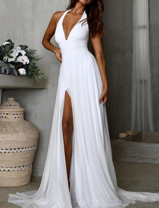 Deep V Neck Simple Long Chiffon White Beach Minimalist Evening Wedding Dresses With Slit