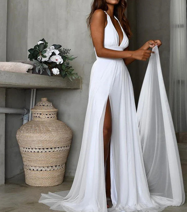 Deep V Neck Simple Long Chiffon White Beach Minimalist Evening Wedding Dresses With Slit