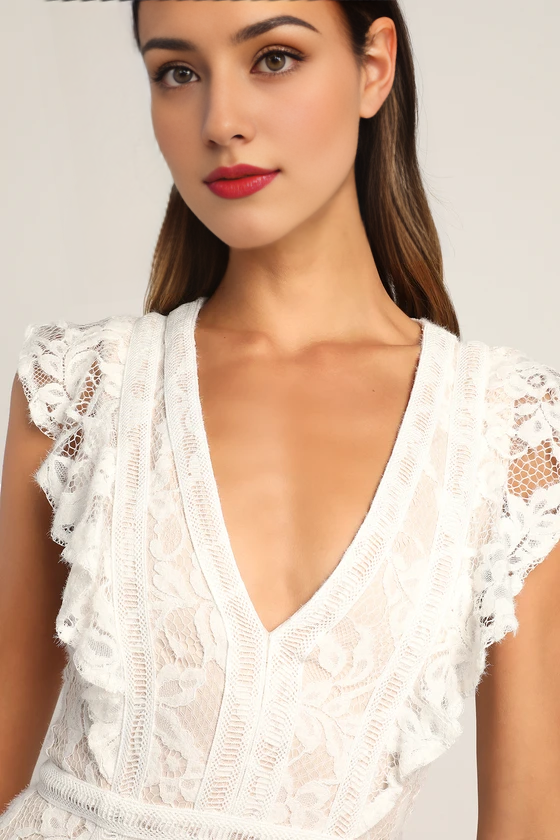 Deep V Neck Sleeveless White Lace Ruffled Wedding Dress With Slit