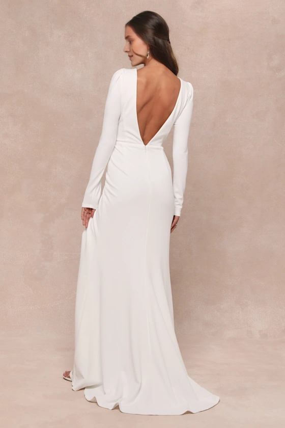 Deep V Neck Stunning Romance White Long Sleeve Mermaid Wedding Dress With V Back