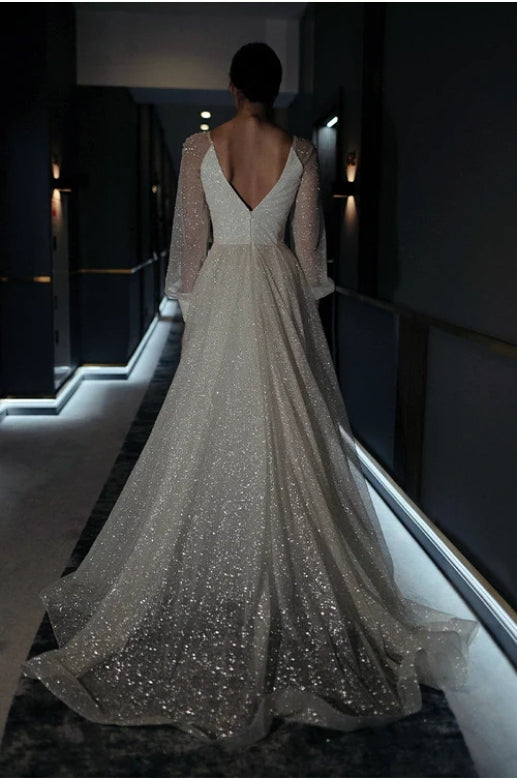 Deep V Neck Sparkly Long Sleeve Floor Length Prom Party Dress With Slit