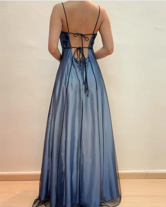 Elegant A-Line Spaghetti Straps Sleeveless Lace Up Floor-Length Prom Dress