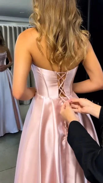 Elegant A-Line Strapless Sleeveless Lace Up Floor-Length Prom Dress