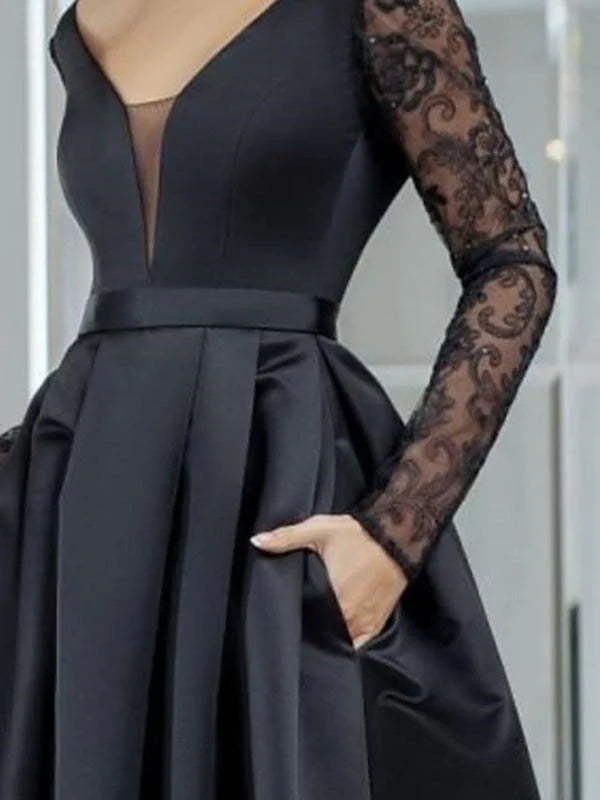 Elegant A-Line V Neck Long Sleeve Satin Floor-Length Prom Dress