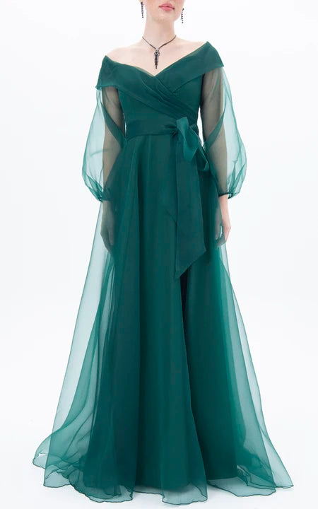 Elegant Long Sleeve Floor-length A Line Chiffon Zipper Formal Dress with Split Front Prom Dress/Dress For Formal