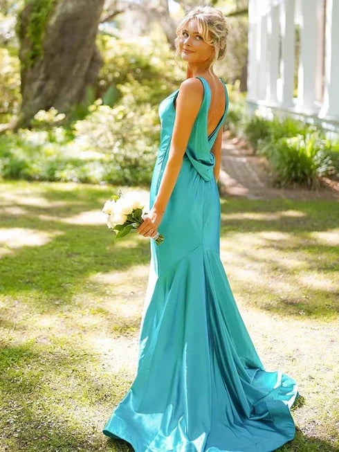 Elegant Mermaid/Trumpet V Neck Sleeveless Satin Floor-Length Prom Dress-w