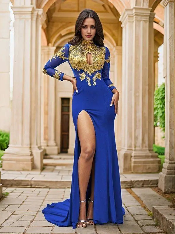 Elegant Trumpet/Mermaid Applique Long Sleeves High Neck Sweep Train Dresses Prom Dresses With Slit