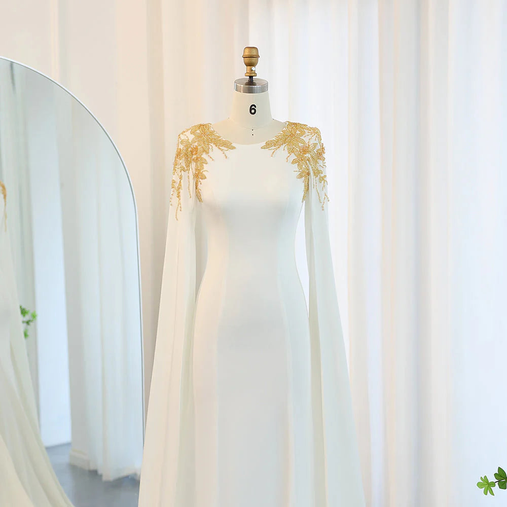Elegant White Mermaid Mother of the Bride Dress with Cape Sleeves Gold BeadedWedding Party Gowns