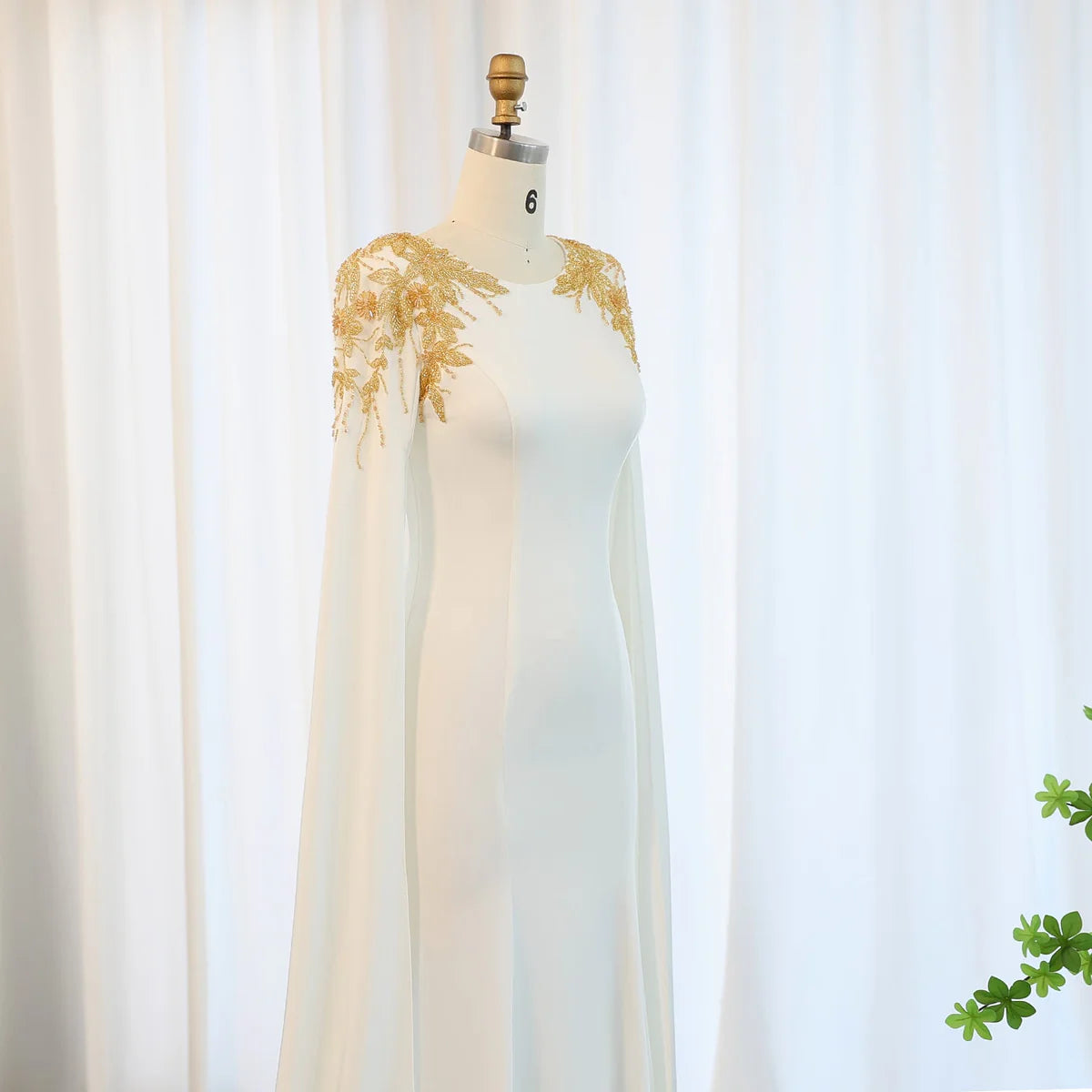 Elegant White Mermaid Mother of the Bride Dress with Cape Sleeves Gold BeadedWedding Party Gowns
