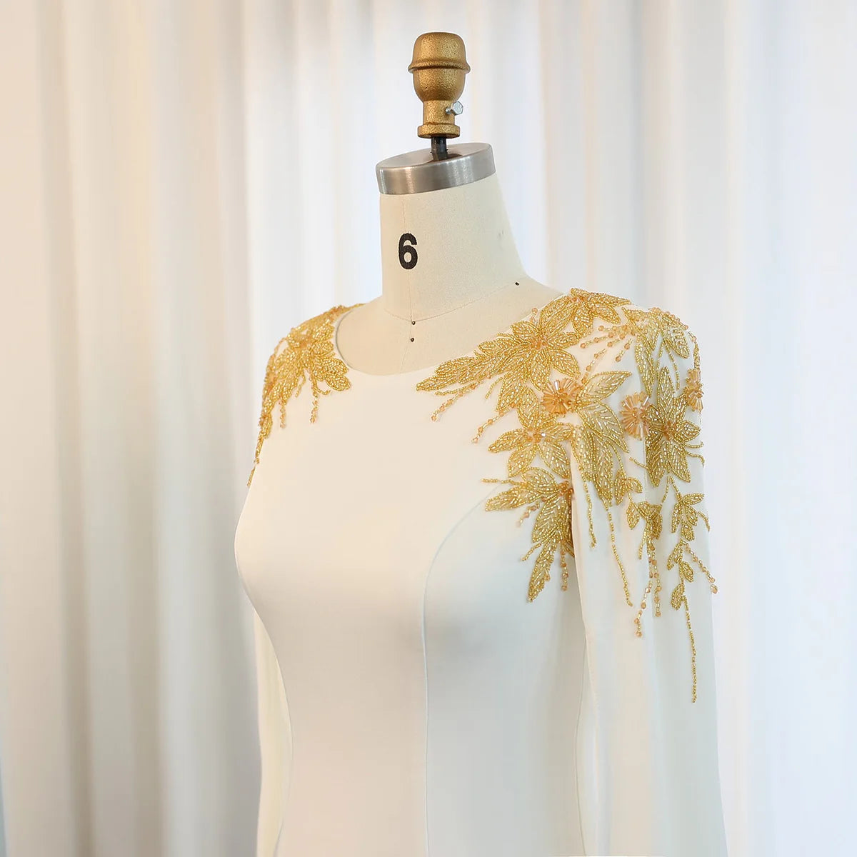 Elegant White Mermaid Mother of the Bride Dress with Cape Sleeves Gold BeadedWedding Party Gowns