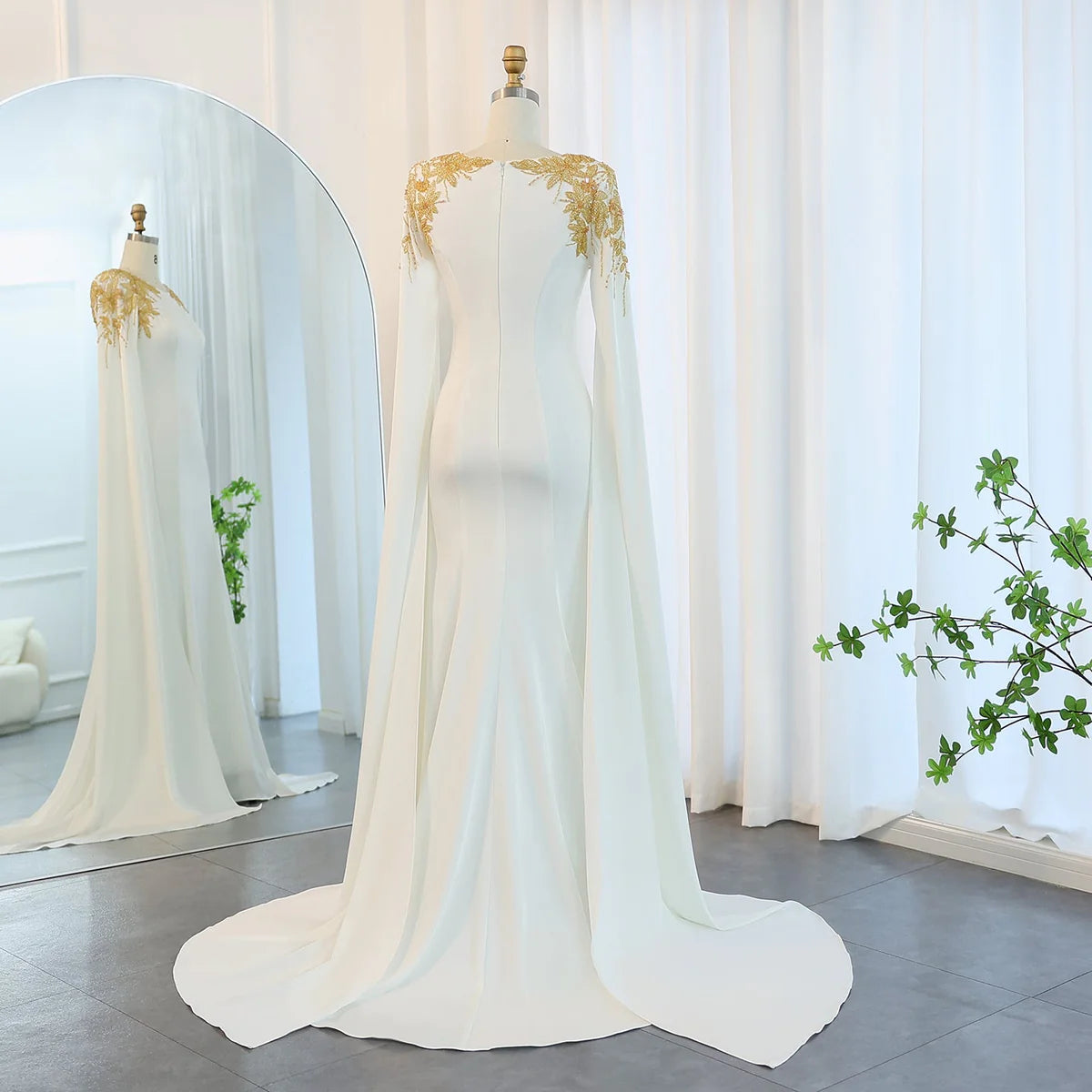 Elegant White Mermaid Mother of the Bride Dress with Cape Sleeves Gold BeadedWedding Party Gowns