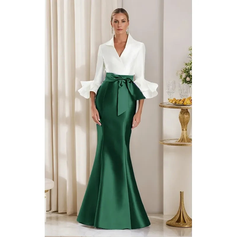 Elegant Mermaid V Neck Long Sleeve Ruffle Bow Black White Prom Dress For Sale