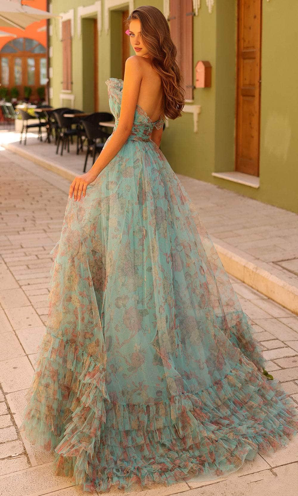 Formal Aqua/Multi Dresses Any Special Occasion A-line Straight-Across Neck Strapless Ruffle Tiered Floral Prom Dress / Formal Wear Dresses