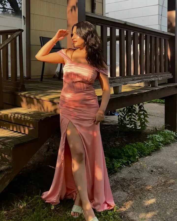 Formal Dresses Beautiful Pink Off Shoulder Sleeveless Slit Long Prom Dress Evening Dress/ Prom Dresses Store