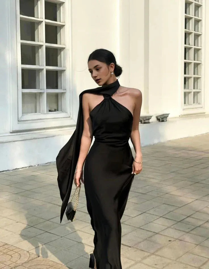 Formal Dresses Off-the-Shoulder Black Halter Backless Sexy Satin Prom Dress/ Prom Dresses Store