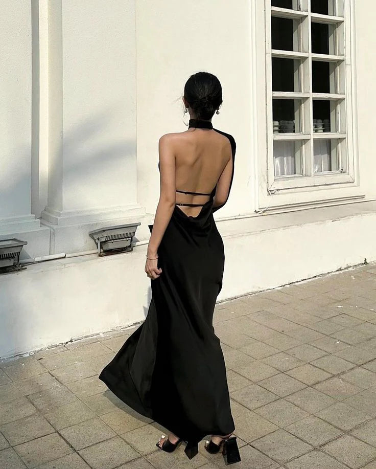 Formal Dresses Off-the-Shoulder Black Halter Backless Sexy Satin Prom Dress/ Prom Dresses Store