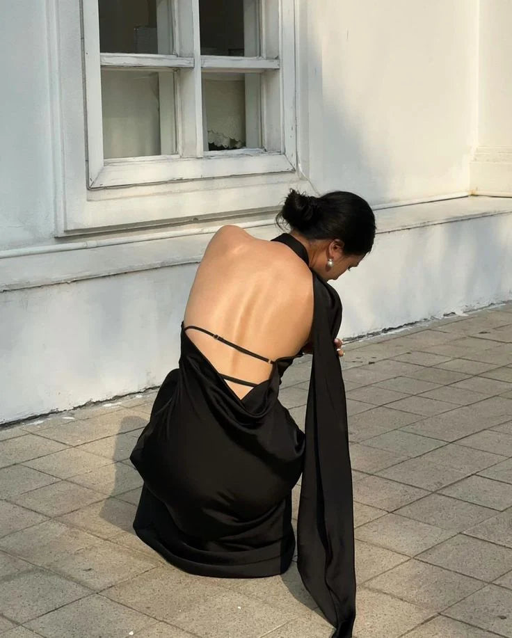 Formal Dresses Off-the-Shoulder Black Halter Backless Sexy Satin Prom Dress/ Prom Dresses Store