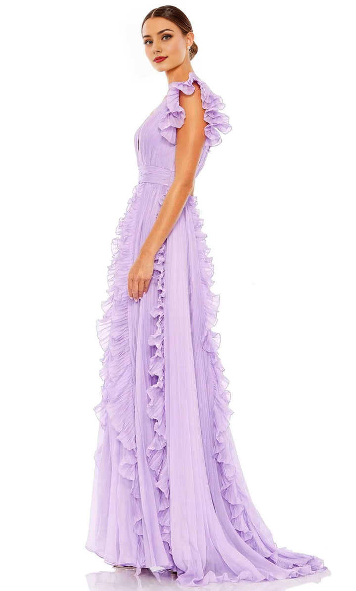 Formal Wear Dresses/ A-line Low V-Neck Ruffled Cap Sleeve V-Shape Back Prom Dress/ Evening Dresses For Women 