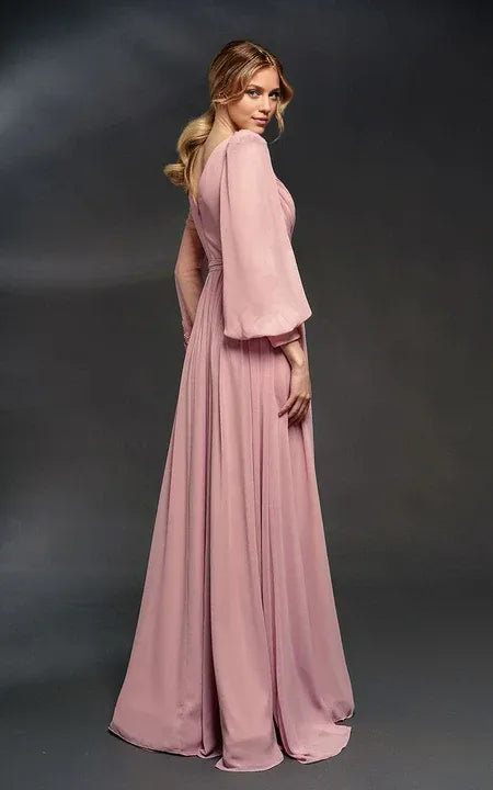 Formal Wear Dresses/Asymmetrical Illussion Long Sleeve Chiffon Front Split Dress with Applique Prom Dress