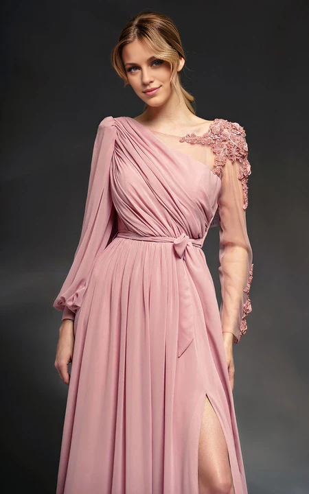 Formal Wear Dresses/Asymmetrical Illussion Long Sleeve Chiffon Front Split Dress with Applique Prom Dress